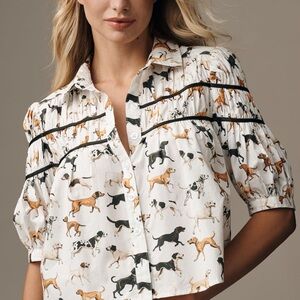 Anthropologie Dog Print Blouse - White and Black. Brand New with Tags